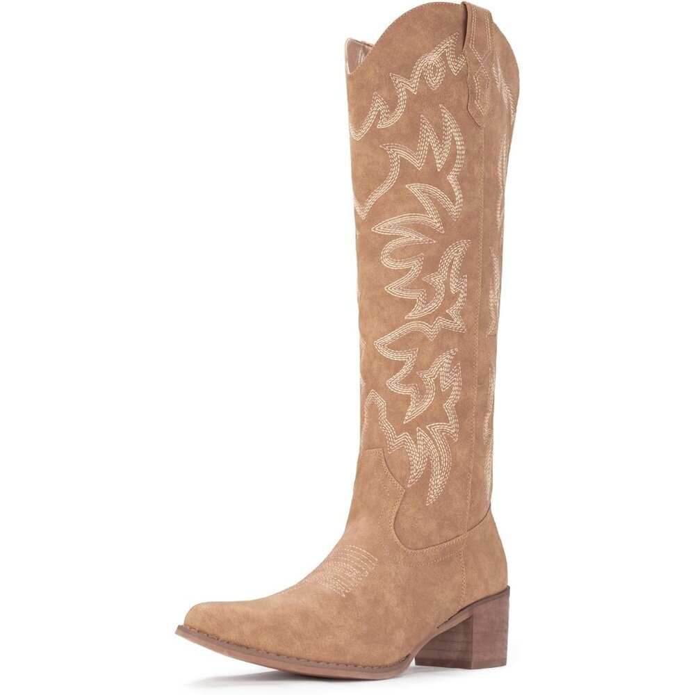 Women's Camel Knee High Western Cowgirl Boots Snip Toe Side Zipper Chunky Heel